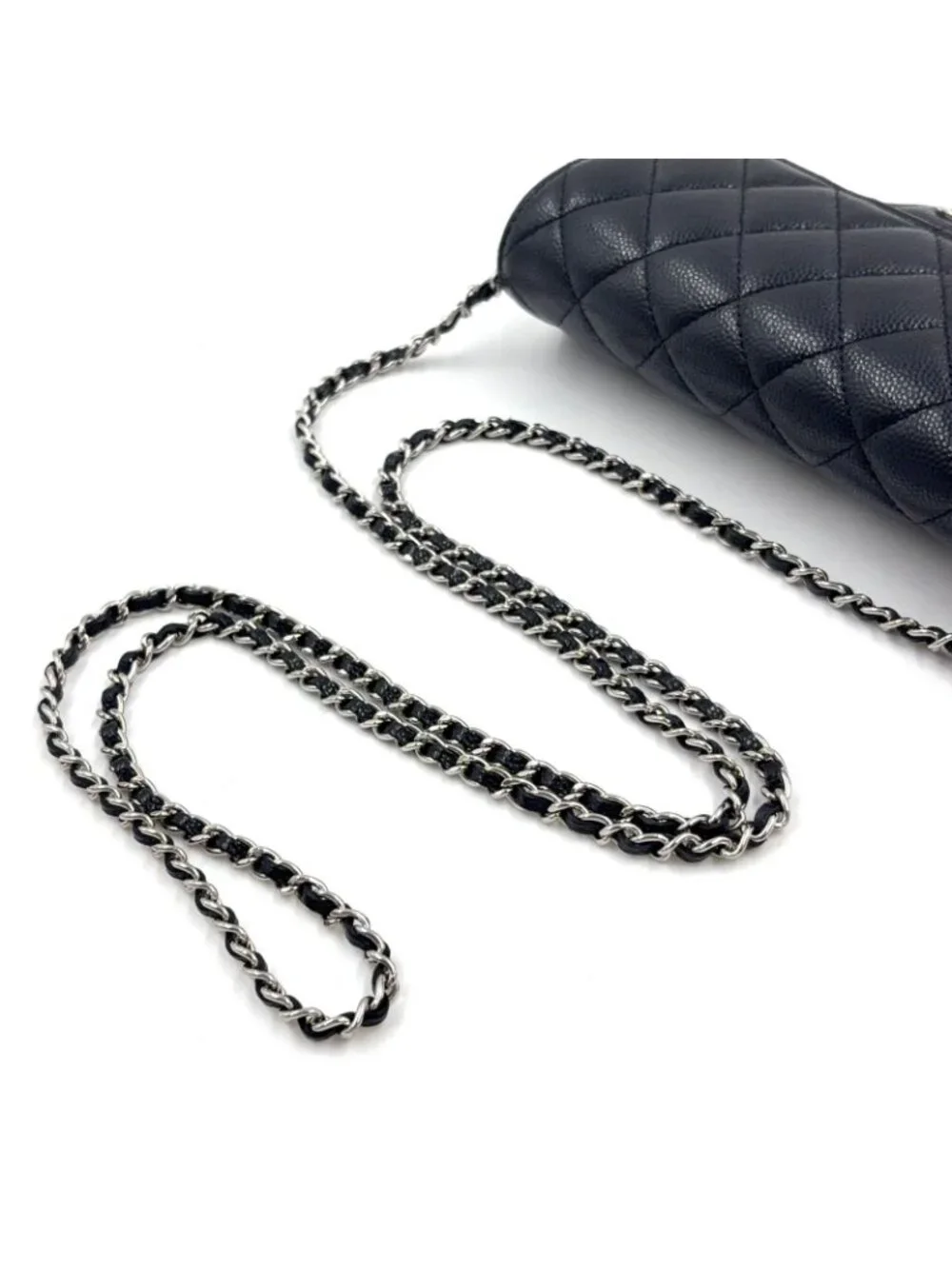 Chanel Quilted Eyewear Case Caviar Leather Black Chain Shoulder Bag Silver